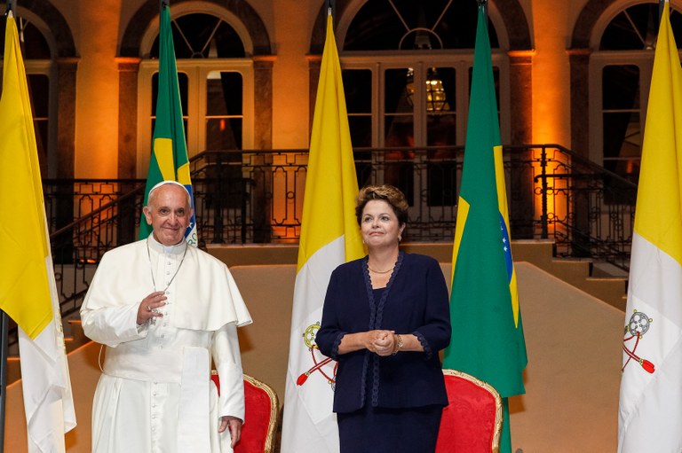 Presidenta Dilma Rousseff durante cerimônia oficial de chegada de Sua Santidade o Papa Francisco no Palácio Guanabara. Rio de Janeiro - RJ, 22/07/2013