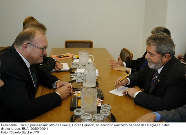 Presidente Lula e o primeiro-ministro da Suécia, Göran Persson, no encontro realizado na sede da ONU.