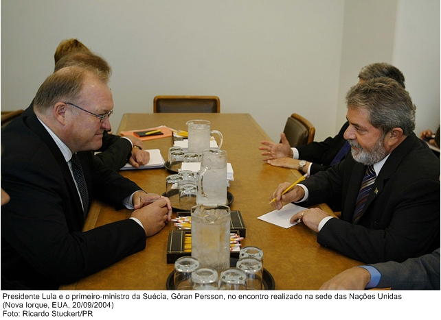 Presidente Lula e o primeiro-ministro da Suécia, Göran Persson, no encontro realizado na sede da ONU.