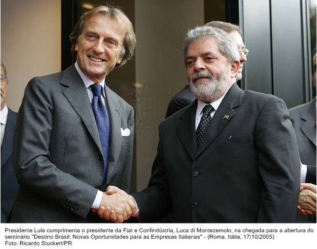 Presidente Lula cumprimenta o presidente da Fiat e Cofindústria, Luca di Motezemolo, na abertura do seminário "Destino Brasil - novas oportunidades para empresas italianas.
