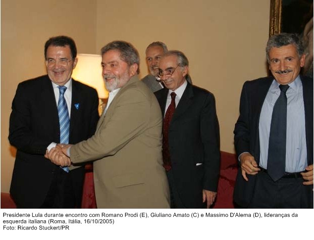 Presidente Lula durante econtro com Romano Prodi, Giuliano Amati e Massimo D'Alema, liderança da esquerda italiana.