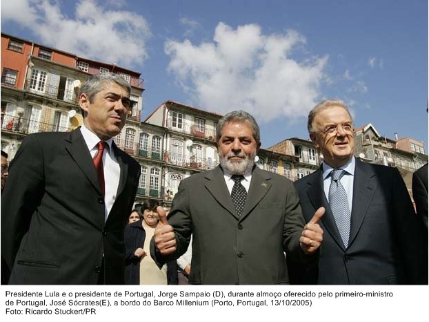 Presidente Lula, o presidente de Portugal, José Sampaio, durante almoço oferecido pelo primeiro-ministro, José Sócrates.