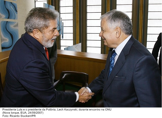 Presidente Lula e o presidente da Polônia, Lech Kaczynski, durante encontro na ONU.