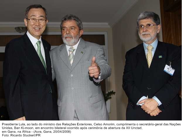 Presidente Lula, o ministro Celso Amorim e o secretário-geral das Nações Unidas, Ban Ki-moon, em encontro bilateral, na XII Unctad.