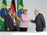 Presidente Lula e o ministro Guido Mantega durante encontro com a chanceler da Alemanha, Angela Merkel.