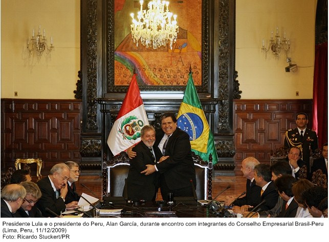 Presidente Lula e o presidente do Peru, Alan Garcia, durante encontro com integrantes do Conselho Empresarial Brasil-Peru.