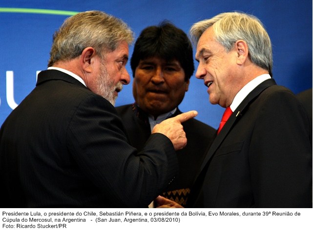 Presidente Lula, o presidente do Chile, Sebastián Piñera e o pres. da Bolívia, Evo Morales, durante a 39ª Reunião de Cúpula do Mercosul.