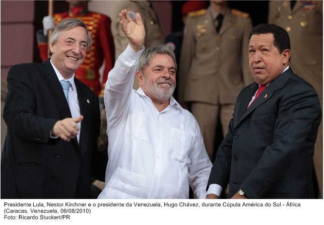Presidente Lula, Nestor Kirchner e o presidente da Venezuela, Hugo Chávez, durante Cúpula América do Sul - África.