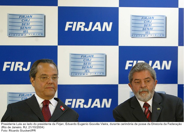 Presidente Lula ao lado do presidente da Firjan, Eduardo Eugenio Gouvêa Vieira, durante cerimônia de posse da Diretoria da Federação