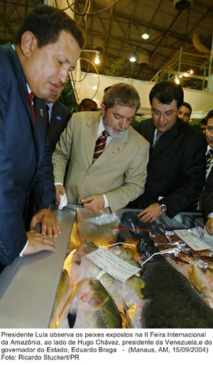 Presidente Lula observa os peixes expostos na II Feira Internacional da Amazônia, ao lado de Hugo Chávez, presidente da Venezuela, e do governador do Estado, Eduardo Braga.jpg