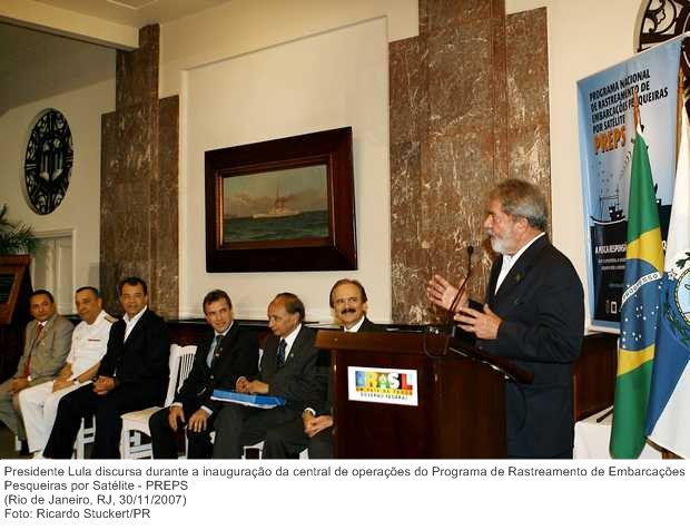 Presidente Lula discursa durante a inauguração da central de operações do Programa de Rastreamento de Embarcações Pesqueiras por Satélite - PREPS.
