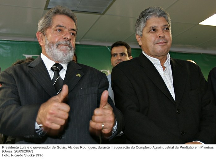 Presidente Lula e o governador de Goiás, Alcides Rodrigues, durante inauguração do Complexo Agroindustrial da Perdigão em Mineiros.