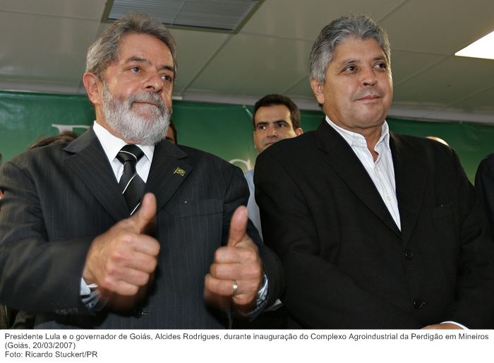 Presidente Lula e o governador de Goiás, Alcides Rodrigues, durante inauguração do Complexo Agroindustrial da Perdigão em Mineiros.