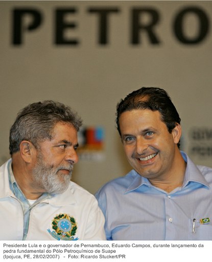 Presidente Lula e o governador de Pernambuco, Eduardo Campos, durante lançamento da pedra fundamental do Pólo Petroquímico de Suape.
