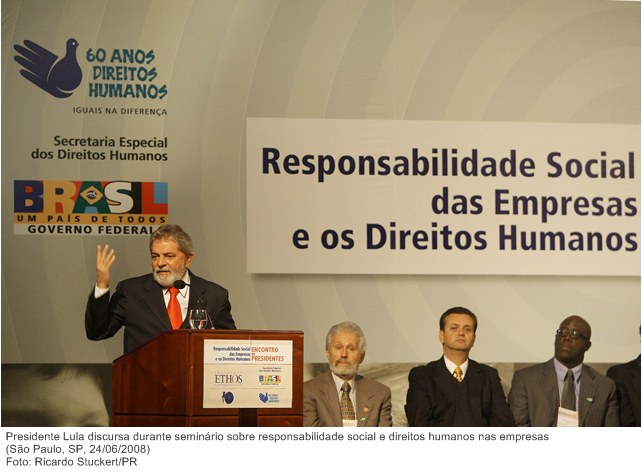 Presidente Lula discursa durante seminário sobre responsabilidade social e direitos humanos nas empresas.