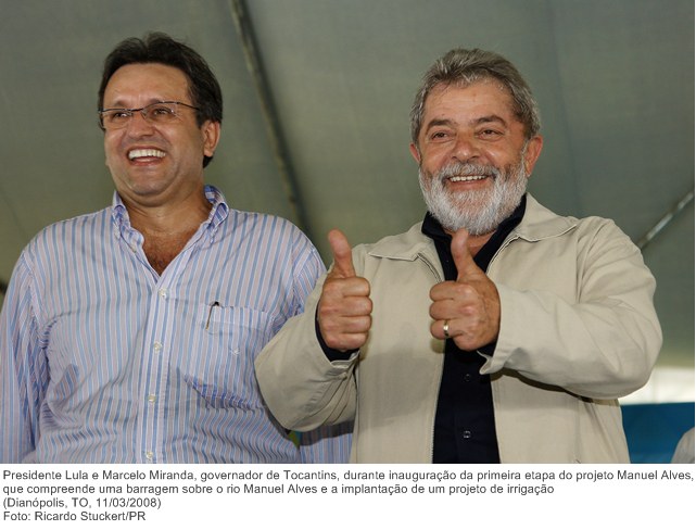 Presidente Lula e Marcelo Miranda, governador de Tocantins, durante inauguração da primeira etapa do projeto Manuel Alves, que compreende uma barragem sobre o rio Manuel Alves.