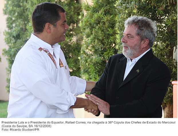 Presidente Lula e o Presidente do Equador, Rafael Correa, na chegada à 36ª Cúpula dos Chefes de Estado do Mercosul.