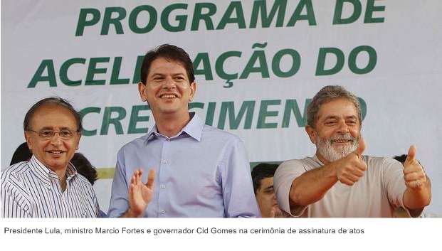 Presidente Lula, ministro Marcio Fortes e governador Cid Gomes na cerimônia de assinatura de atos.