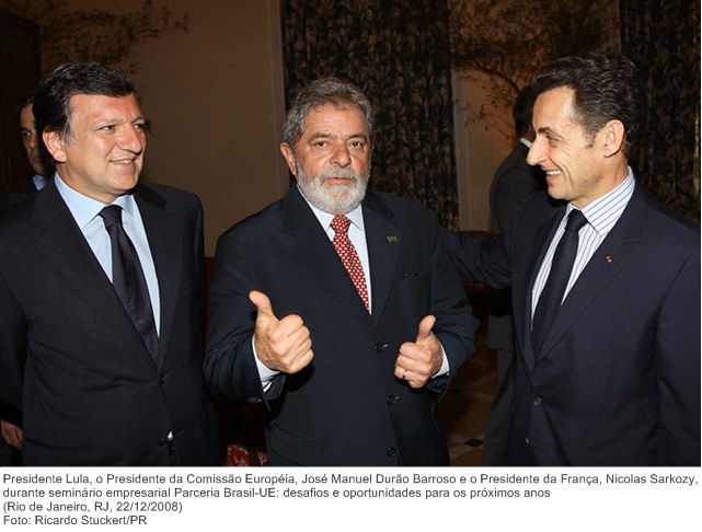 Presidente Lula, o Presidente da Comissão Européia, José Manuel Durão Barroso e o Presidente da França, Nicolas Sarkozy, durante seminário empresarial Parceria Brasil-UE.