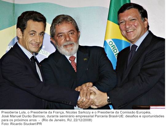 Presidente Lula, o Presidente da França, Nicolas Sarkozy e o Presidente da Comissão Européia, José Manuel Durão Barroso, durante seminário empresarial Parceria Brasil-UE.