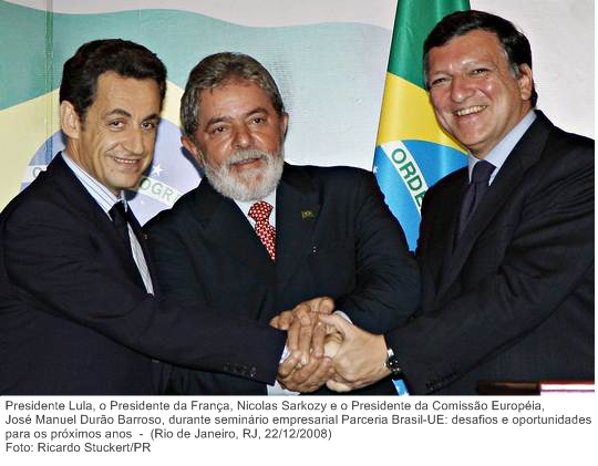 Presidente Lula, o Presidente da França, Nicolas Sarkozy e o Presidente da Comissão Européia, José Manuel Durão Barroso, durante seminário empresarial Parceria Brasil-UE.