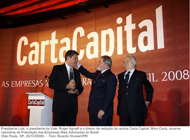 Presidente Lula, o presidente da Vale, Roger Agnelli e o diretor de redação da revista Carta Capital, Mino Carta, durante cerimônia de Premiação das Empresas Mais Admiradas do Brasil.