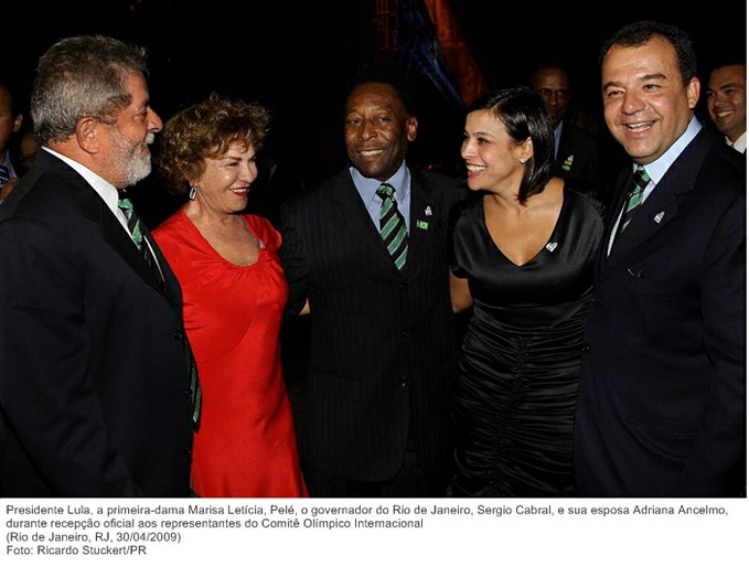 Presidente Lula, a primeira-dama Marisa Letícia, Pelé, o gov. do Rio de Janeiro, Sergio Cabral, e esposa Adriana Ancelmo, durante recepção oficial aos representantes do Comitê Olímpico.