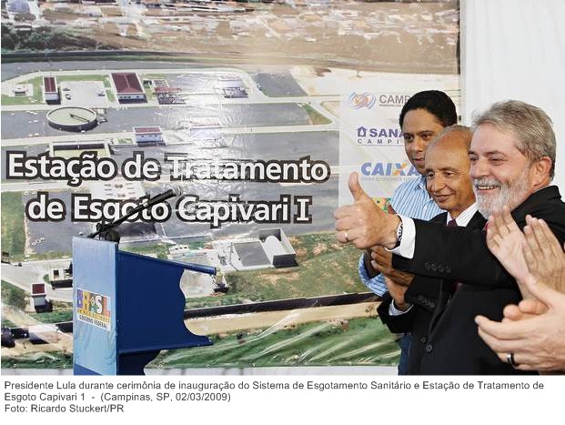 Presidente Lula durante cerimônia de inauguração do Sistema de Esgotamento Sanitário e Estação de Tratamento de Esgoto Capivari 1.