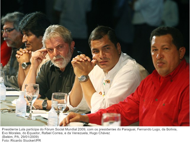 Presidente Lula participa do Fórum Social Mundial 2009, com os presidentes do Paraguai, Fernando Lugo, da Bolívia, Evo Morales, do Equador, Rafael Correa, e da Venezuela, Hugo Chávez.jpg