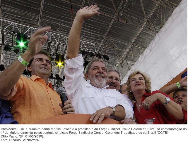 Presidente Lula, a primeira-dama Marisa Letícia e o presidente da Força Sindical, Paulo Pereira da Silva, na comemoração do 1º de Maio promovida pelas centrais sindicais Força Sindical.