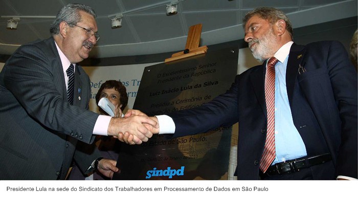 Presidente Lula na sede do Sindicato dos Trabalhadores em Processamento de Dados em São Paulo.